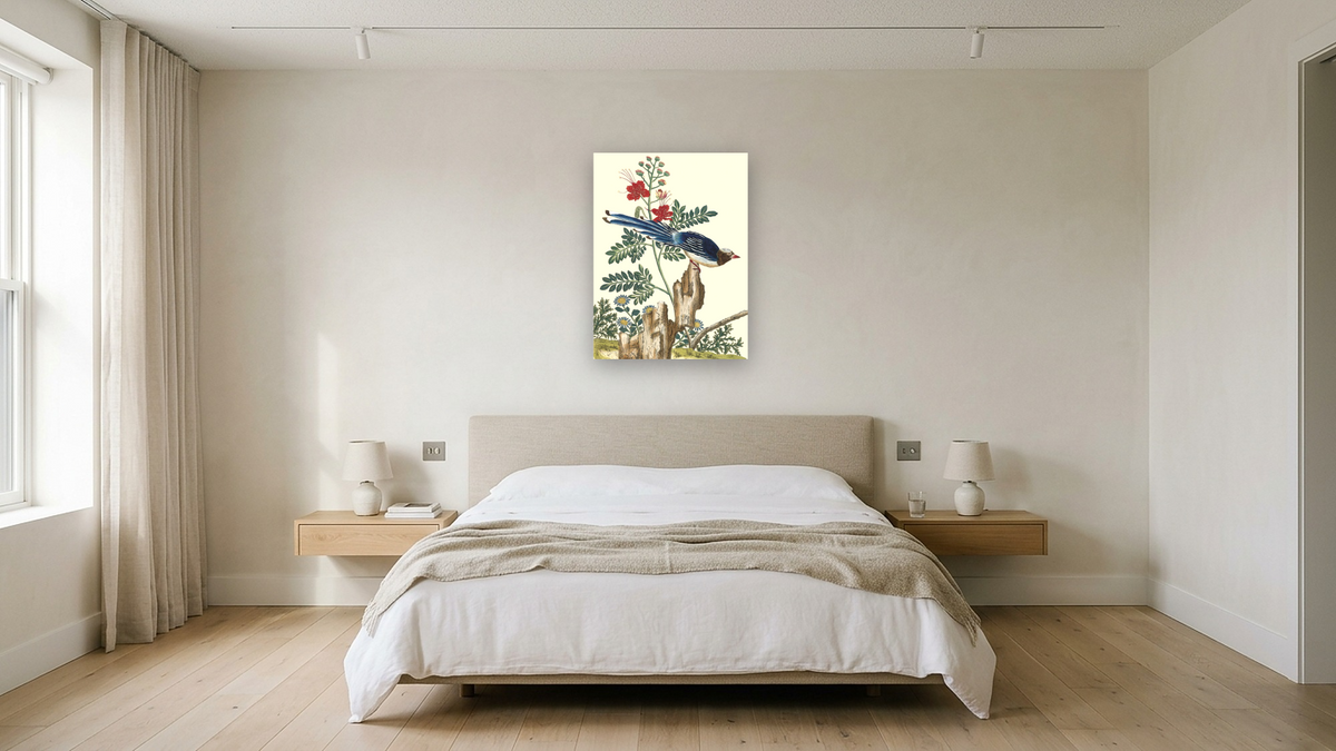 Caesalpinia pulcherrima with blue bird by Pierre Joseph Buchoz, shown at 30 × 40 in (76.2 × 101.6 cm) as gallery-wrapped canvas, hotel guest room