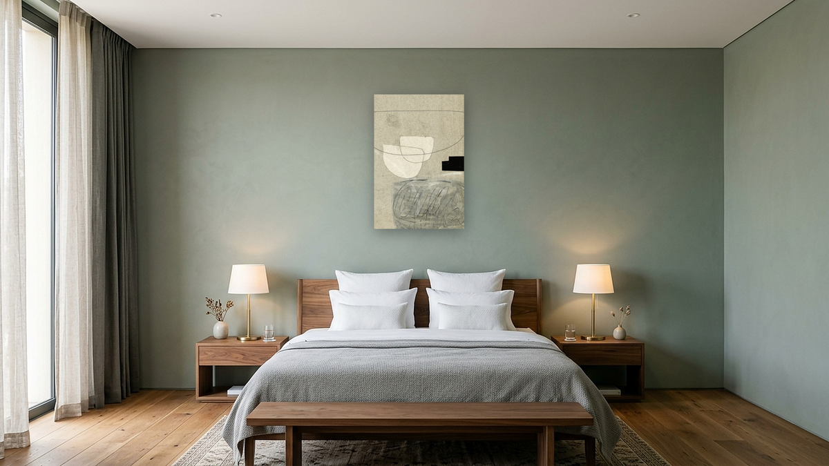 Lifestyle 1 by Dan Hobday, shown at 28 × 42 in (71.1 × 106.7 cm) as gallery-wrapped canvas, hotel guest room