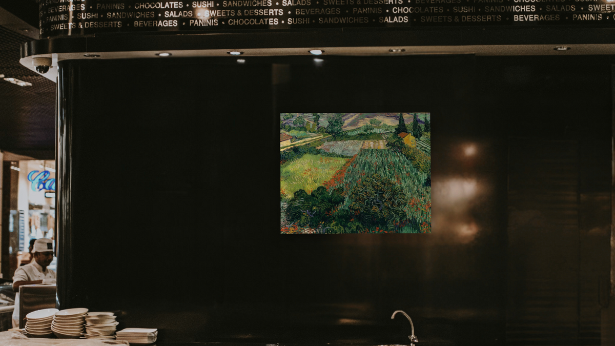 Field with Poppies by Vincent van Gogh, shown at 32 × 40 in (81.3 × 101.6 cm) as gallery-wrapped canvas, restaurant