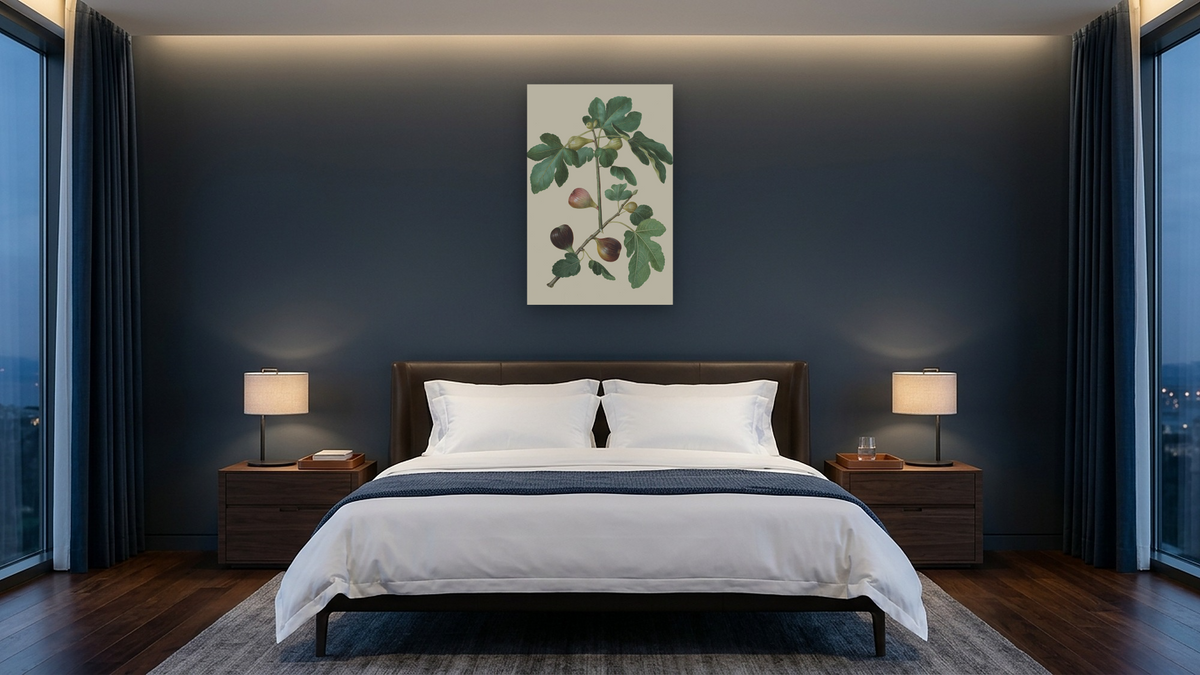 Ficus carica by Johannes Simon Holtzbecher, shown at 28 × 42 in (71.1 × 106.7 cm) as gallery-wrapped canvas, hotel guest room