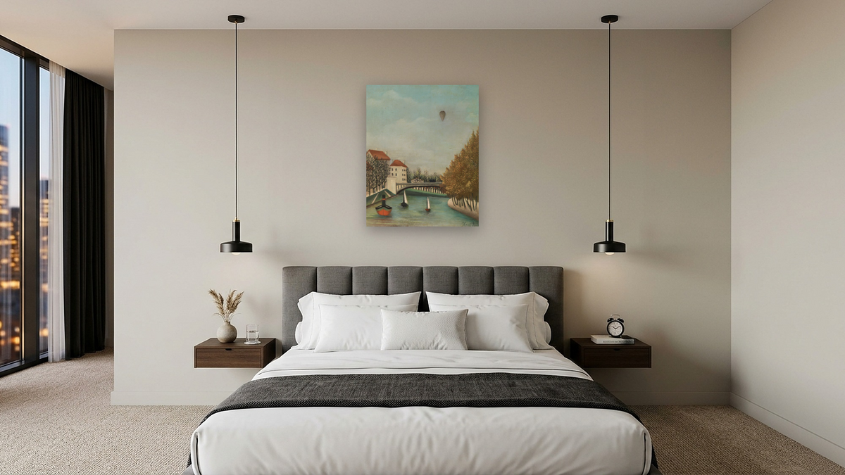 View of the Quai d'Asnières (Vue du quai d'Asnières) by Henri Rousseau, shown at 32 × 40 in (81.3 × 101.6 cm) as gallery-wrapped canvas, hotel guest room