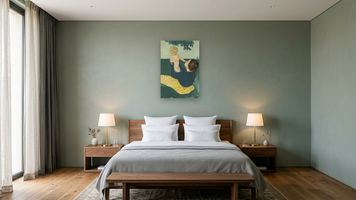 Under the Horse-Chestnut Tree by Mary Cassatt, shown at 28 × 42 in (71.1 × 106.7 cm) as gallery-wrapped canvas, hotel guest room