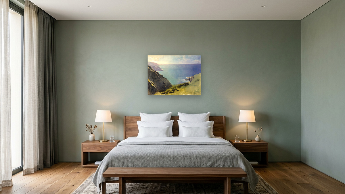 Cornish Headlands by Abbott Handerson Thayer, shown at 30 × 40 in (76.2 × 101.6 cm) as gallery-wrapped canvas, hotel guest room