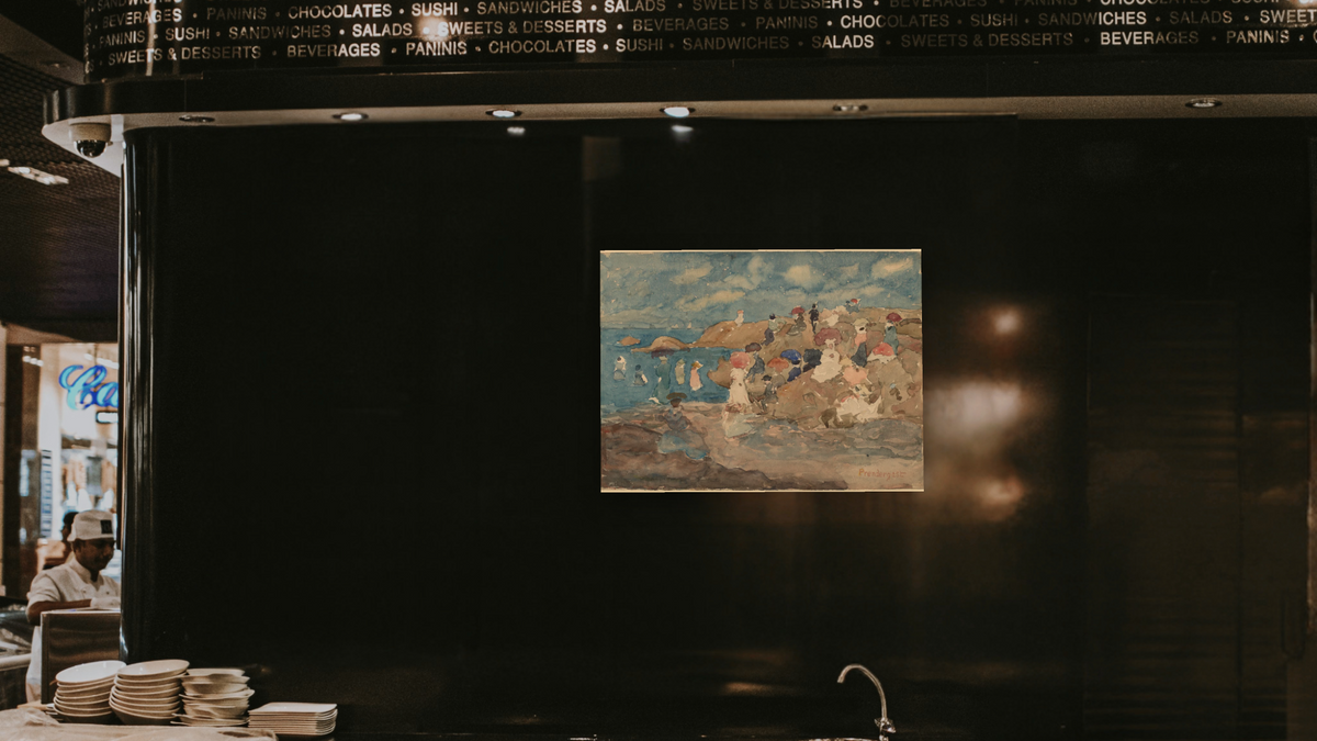 Revere Beach by Maurice Brazil Prendergast, shown at 30 × 40 in (76.2 × 101.6 cm) as gallery-wrapped canvas, restaurant