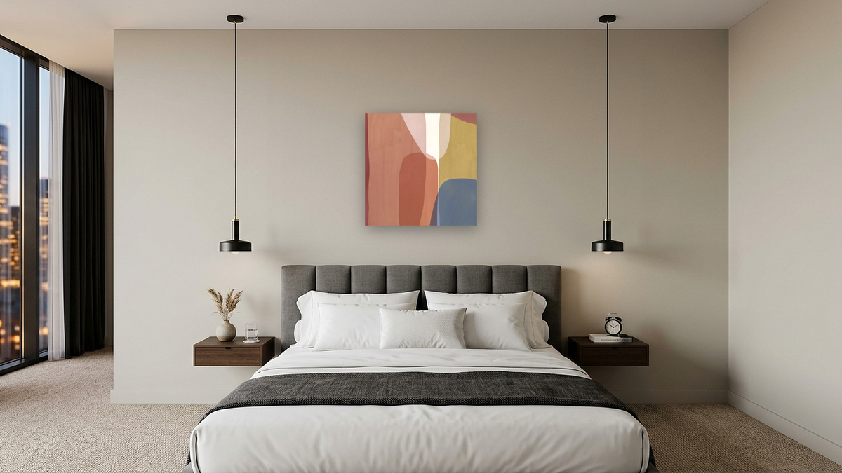 Slice of Summer 11 by Jenny Phillips, shown at 32 × 32 in (81.3 × 81.3 cm) as gallery-wrapped canvas, hotel guest room