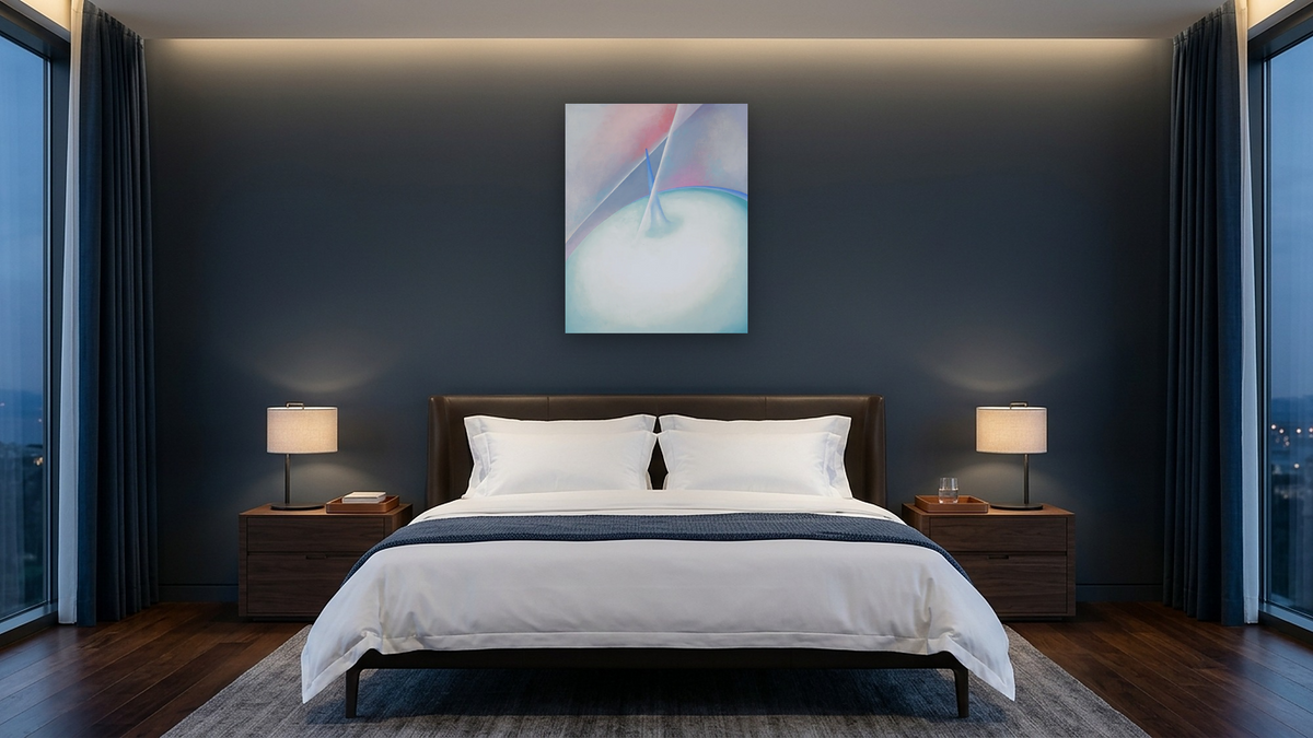 Series I, No. 7 by Georgia O'Keeffe, shown at 32 × 40 in (81.3 × 101.6 cm) as gallery-wrapped canvas, hotel guest room
