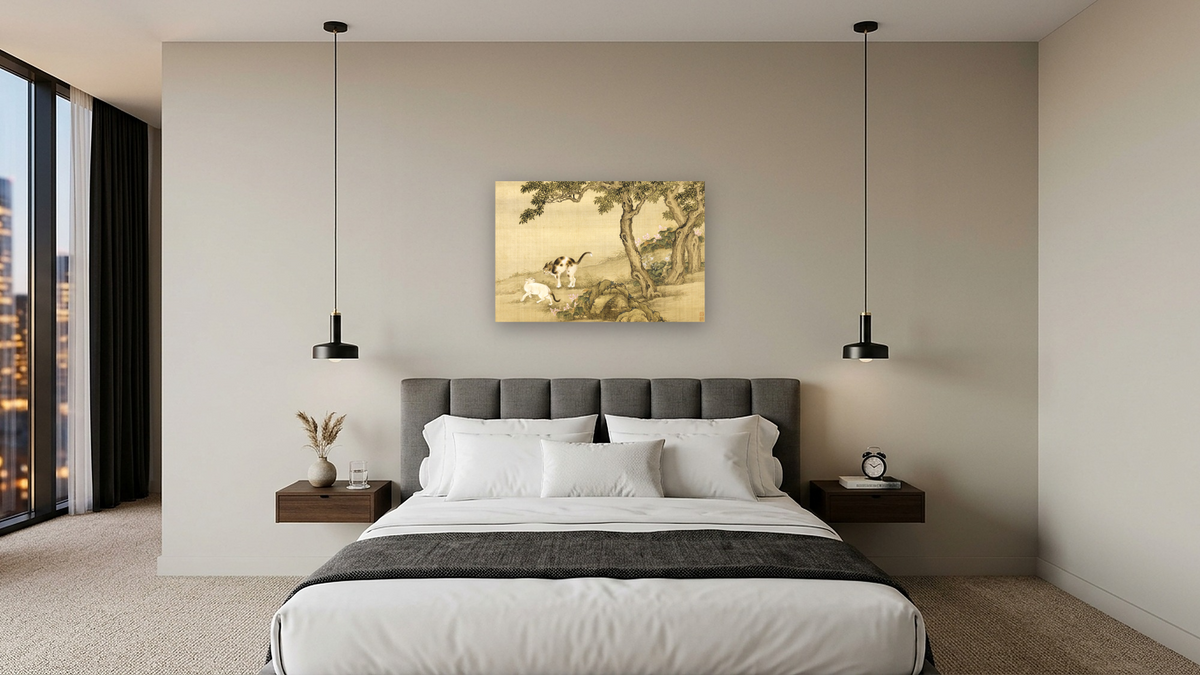 Album of Birds and Animals (Cats) by Shen Nanpin, shown at 28 × 42 in (71.1 × 106.7 cm) as gallery-wrapped canvas, hotel guest room