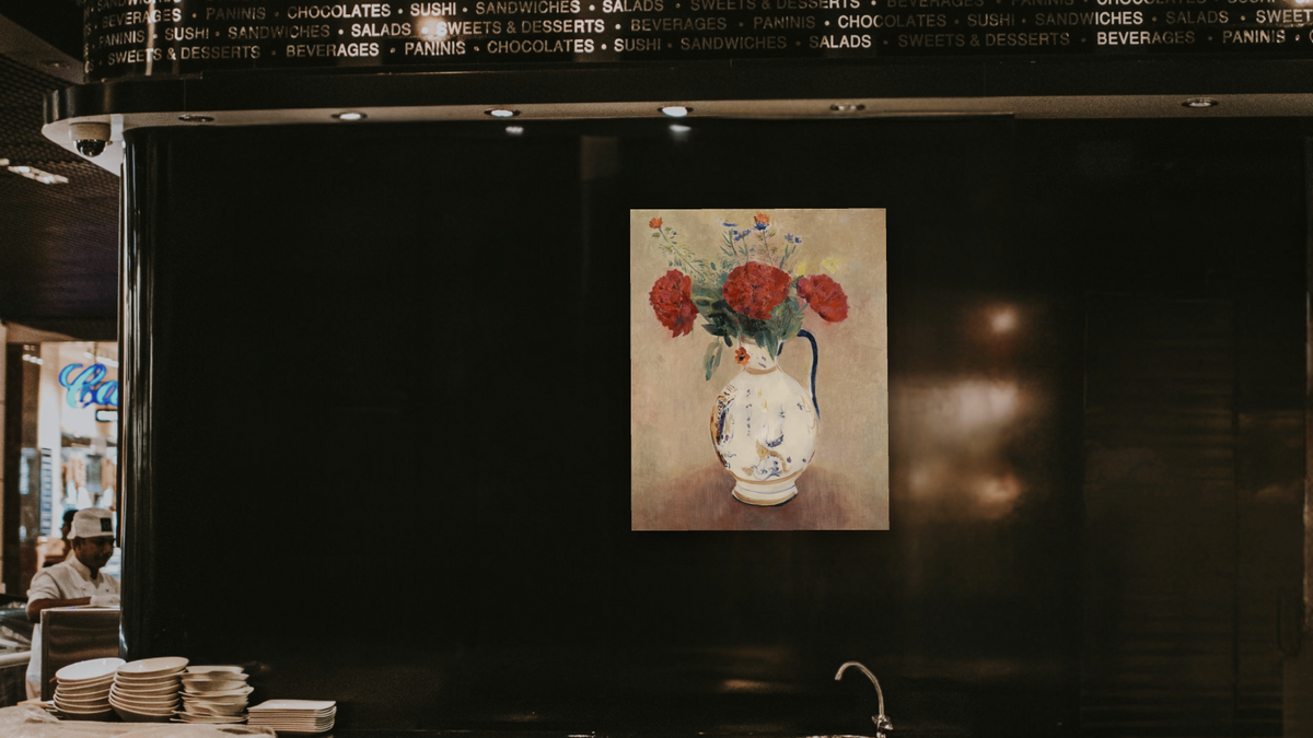 Peonies by Odilon Redon, shown at 32 × 40 in (81.3 × 101.6 cm) as gallery-wrapped canvas, restaurant