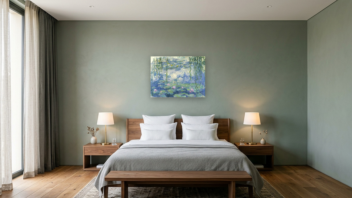 Waterlilies by Claude Monet, shown at 30 × 40 in (76.2 × 101.6 cm) as gallery-wrapped canvas, hotel guest room