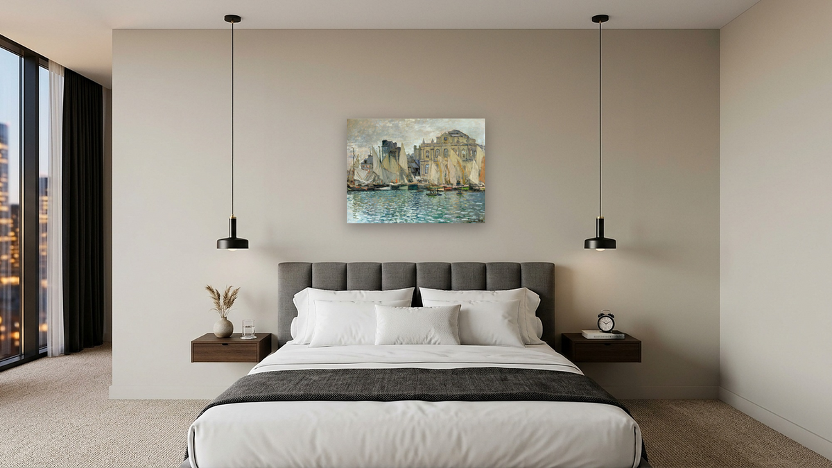 View of Le Havre by Claude Monet, shown at 30 × 40 in (76.2 × 101.6 cm) as gallery-wrapped canvas, hotel guest room