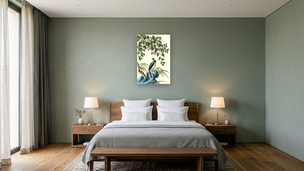 Smilax with bird by Pierre Joseph Buchoz, shown at 28 × 42 in (71.1 × 106.7 cm) as gallery-wrapped canvas, hotel guest room