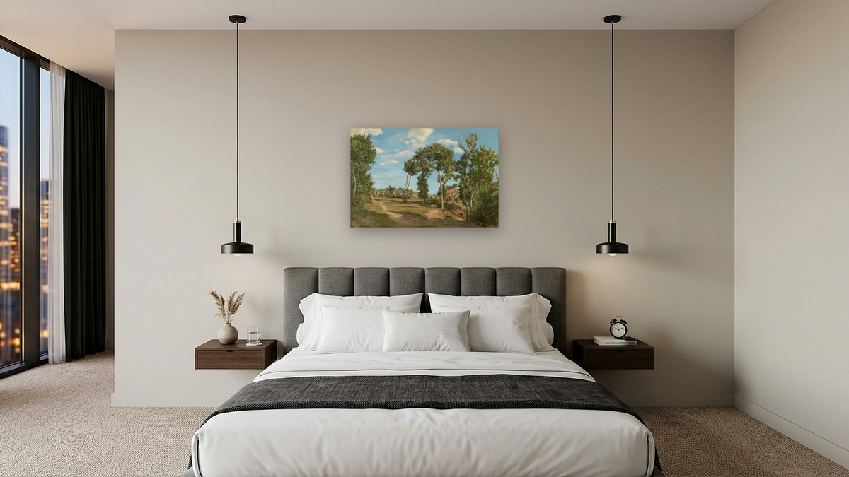 Landscape by the River Lez by Frederic Bazille, shown at 28 × 42 in (71.1 × 106.7 cm) as gallery-wrapped canvas, hotel guest room