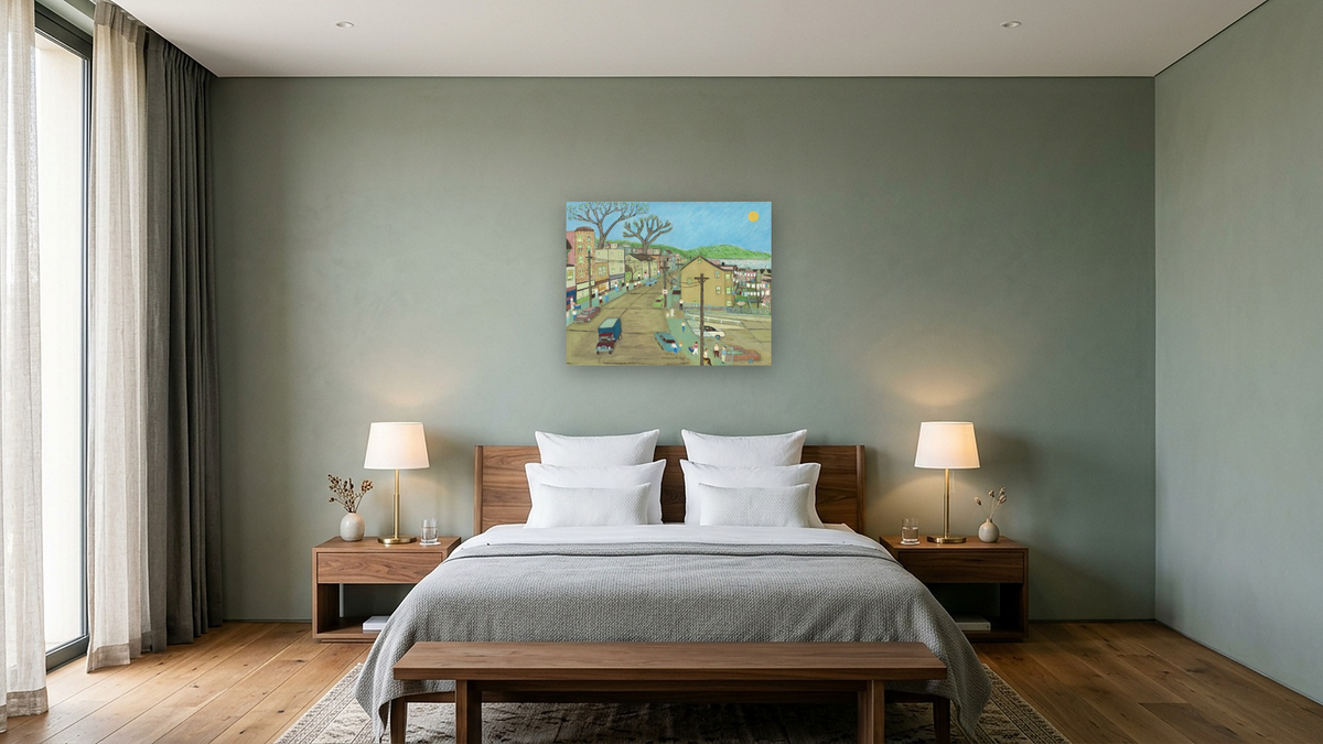 Main Street: Dobbs Ferry by Ralph Fasanella, shown at 32 × 40 in (81.3 × 101.6 cm) as gallery-wrapped canvas, hotel guest room