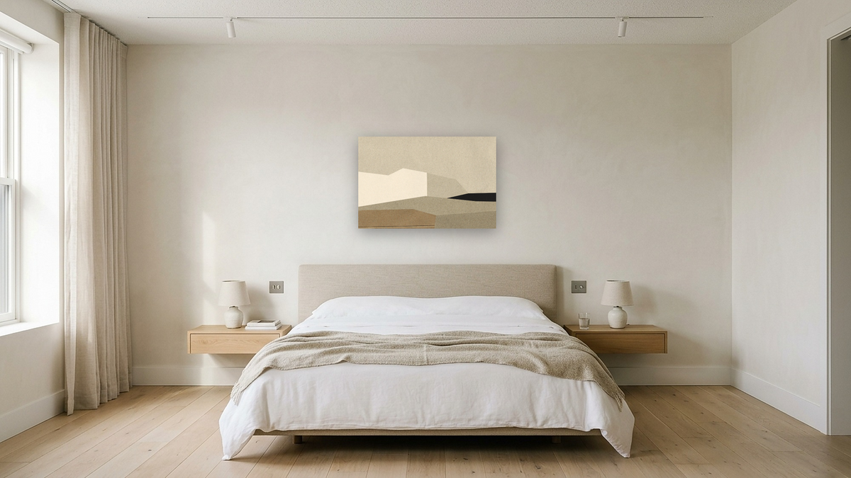 Home Land by Dan Hobday, shown at 28 × 42 in (71.1 × 106.7 cm) as gallery-wrapped canvas, hotel guest room