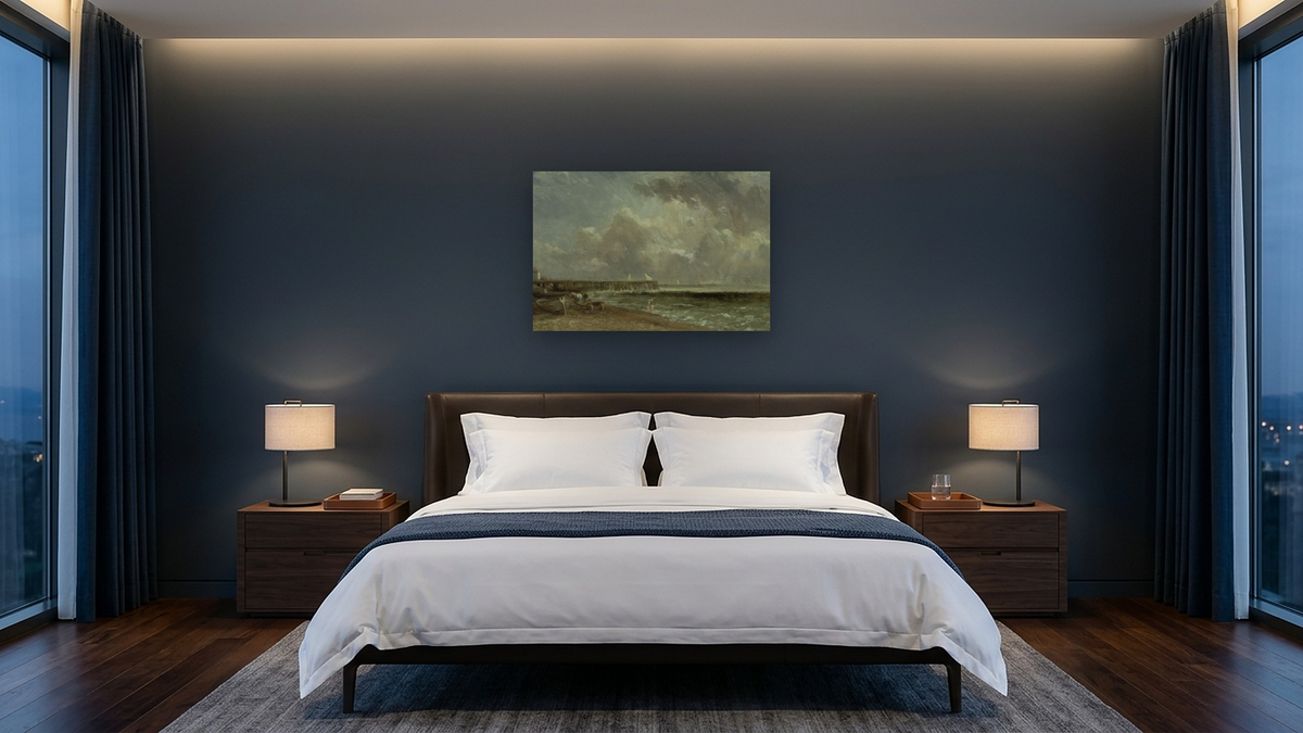 Yarmouth Pier by John Constable, shown at 28 × 42 in (71.1 × 106.7 cm) as gallery-wrapped canvas, hotel guest room