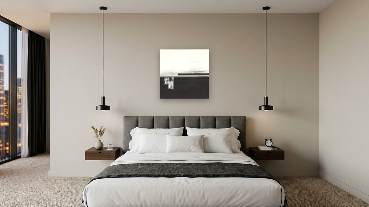 LS No. 236 by Brandon McKenzie, shown at 32 × 32 in (81.3 × 81.3 cm) as gallery-wrapped canvas, hotel guest room