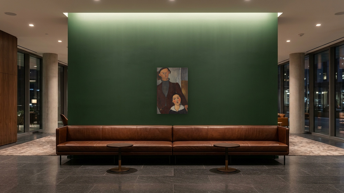 Jacques and Berthe Lipchitz by Amedeo Modigliani, shown at 28 × 42 in (71.1 × 106.7 cm) as gallery-wrapped canvas, hotel lobby