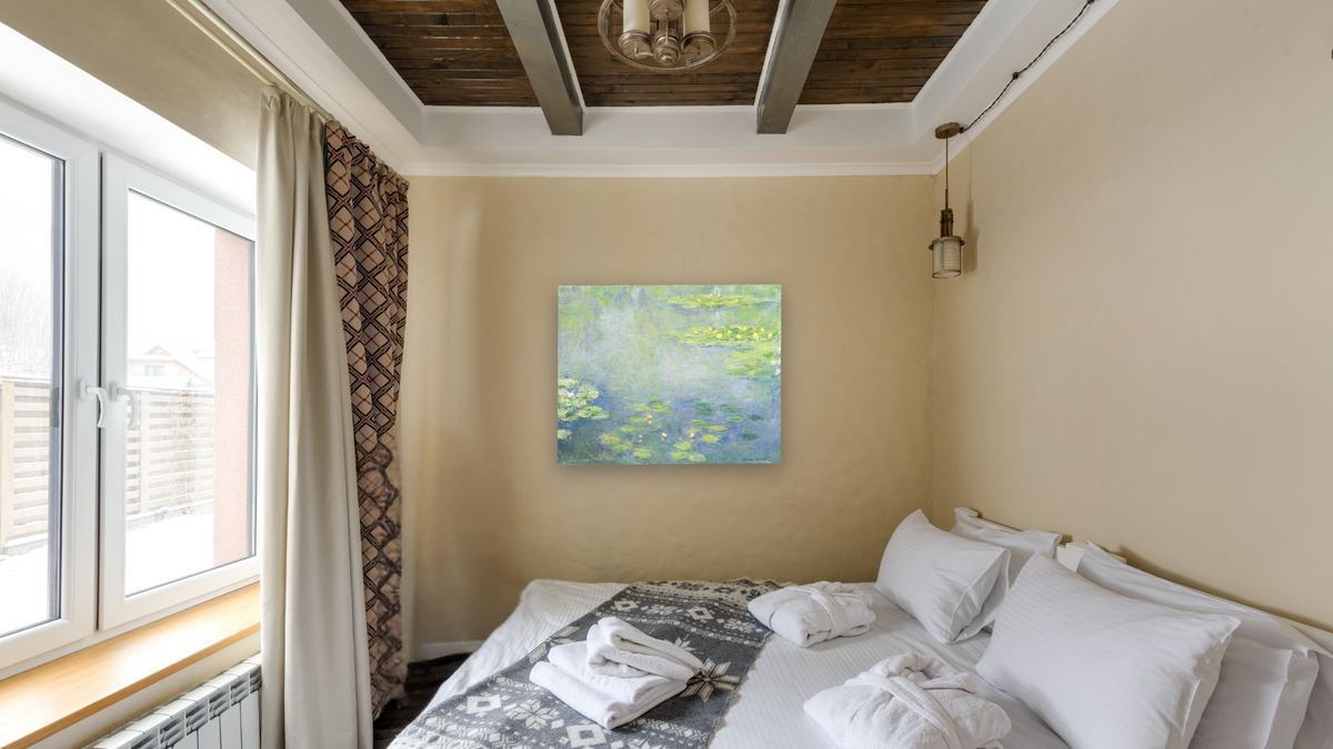Waterlilies by Claude Monet, shown at 32 × 40 in (81.3 × 101.6 cm) as gallery-wrapped canvas, hotel guest room