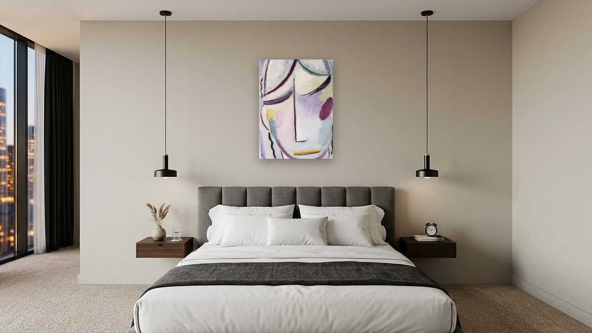 Saviour's Face by Alexei Jawlensky, shown at 30 × 40 in (76.2 × 101.6 cm) as gallery-wrapped canvas, hotel guest room