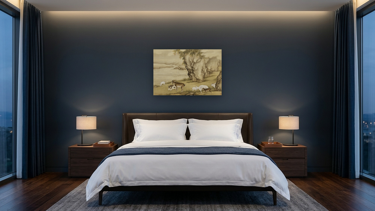 Album of Birds and Animals (Sheep and Goats) by Shen Nanpin, shown at 28 × 42 in (71.1 × 106.7 cm) as gallery-wrapped canvas, hotel guest room