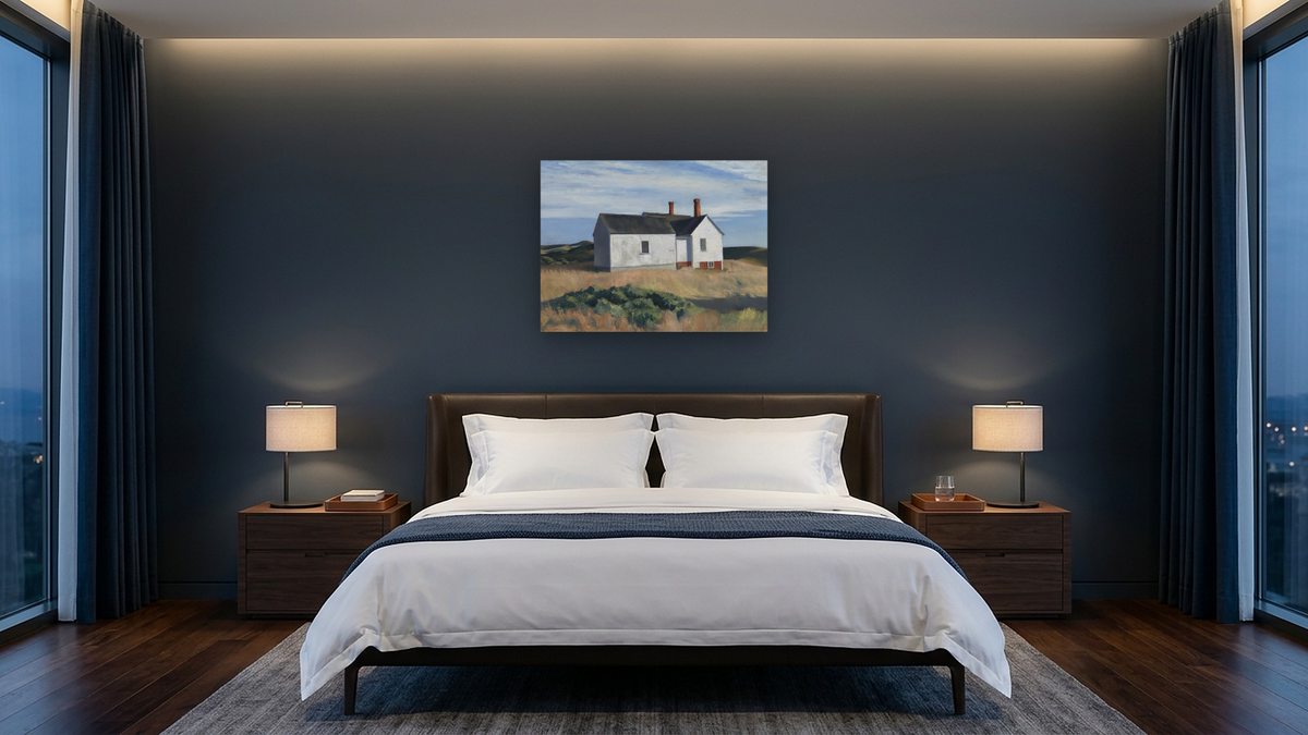 Ryder's House by Edward Hopper, shown at 30 × 40 in (76.2 × 101.6 cm) as gallery-wrapped canvas, hotel guest room