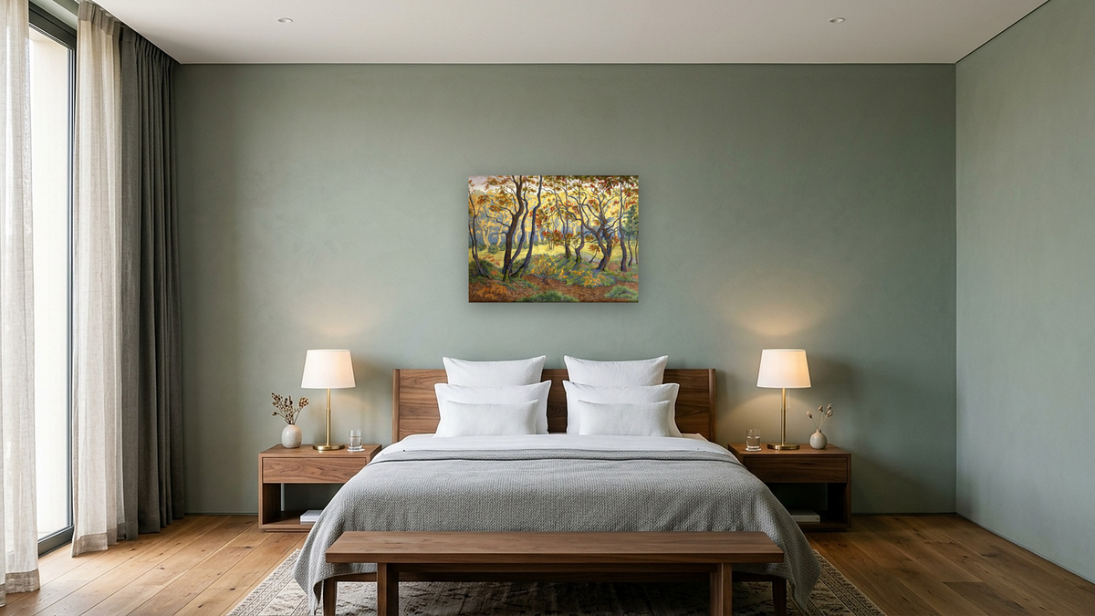 The Clearing by Paul Elie Ranson, shown at 30 × 40 in (76.2 × 101.6 cm) as gallery-wrapped canvas, hotel guest room