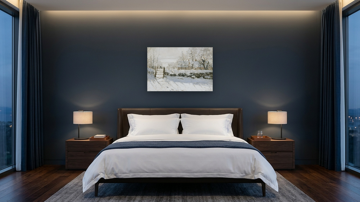 The Magpie by Claude Monet, shown at 28 × 42 in (71.1 × 106.7 cm) as gallery-wrapped canvas, hotel guest room