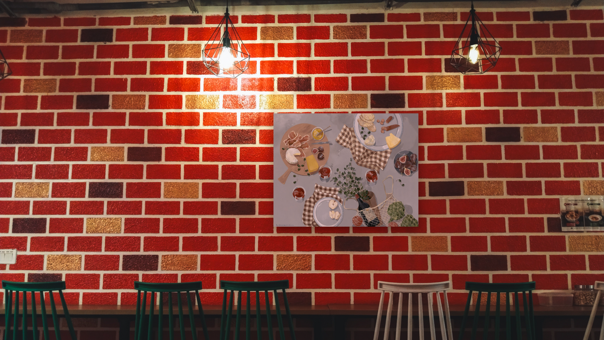The Stories We Share Over a Glass, or Two by Catherine Gerke, shown at 30 × 40 in (76.2 × 101.6 cm) as gallery-wrapped canvas, restaurant