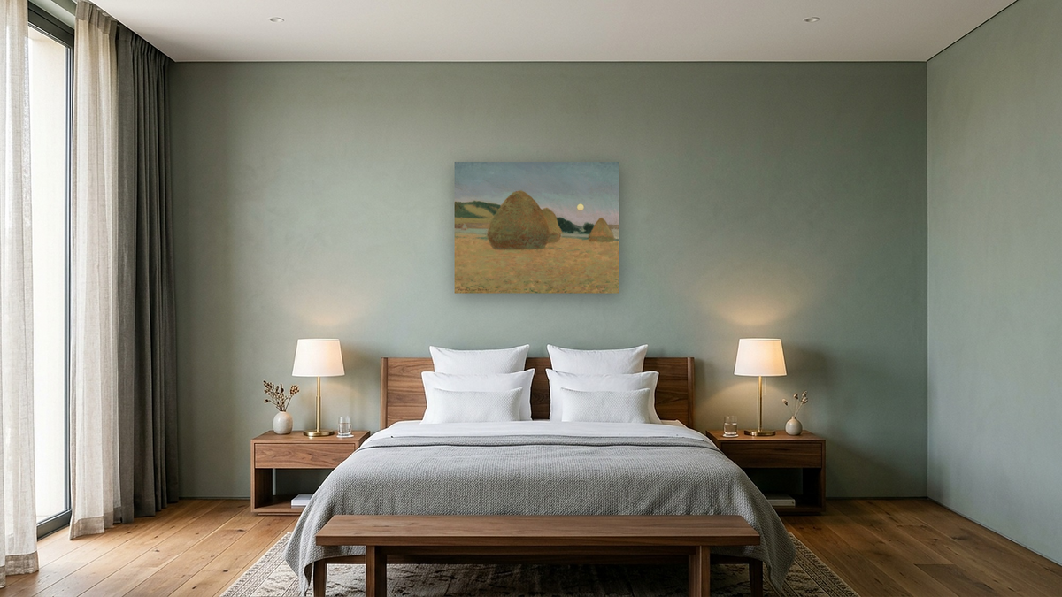 Studies of an Autumn Day by John Leslie Breck, shown at 32 × 40 in (81.3 × 101.6 cm) as gallery-wrapped canvas, hotel guest room