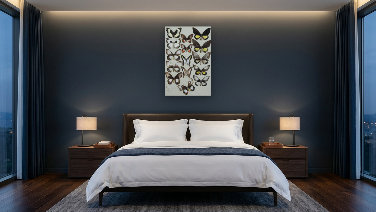 Fifteen Swallowtail butterflies (Family Papilionidae) in three columns by Marian Ellis Rowan, shown at 28 × 42 in (71.1 × 106.7 cm) as gallery-wrapped canvas, hotel guest room