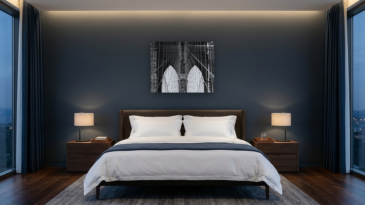 Brooklyn Bridge #5 by Gordon Osmundson, shown at 32 × 40 in (81.3 × 101.6 cm) as gallery-wrapped canvas, hotel guest room