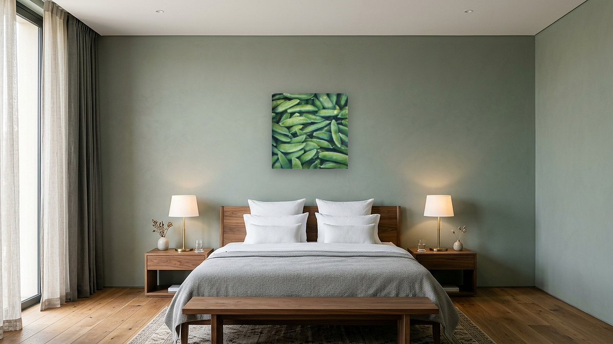 Peas by Kirsten Söderlind, shown at 32 × 32 in (81.3 × 81.3 cm) as gallery-wrapped canvas, hotel guest room