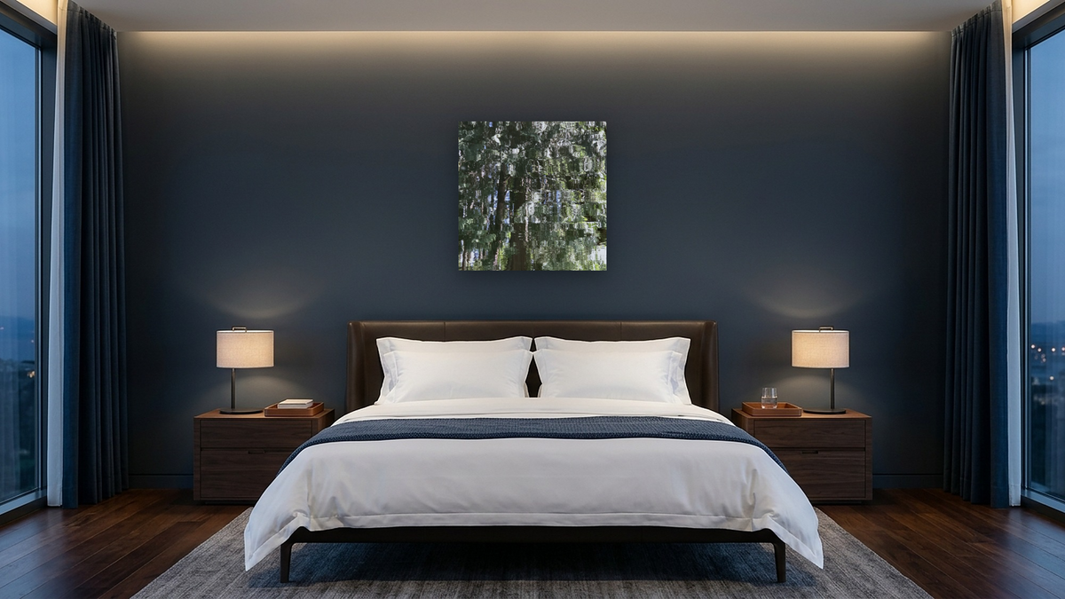 Ziggurat Shrine by Judith Rayl, shown at 32 × 32 in (81.3 × 81.3 cm) as gallery-wrapped canvas, hotel guest room