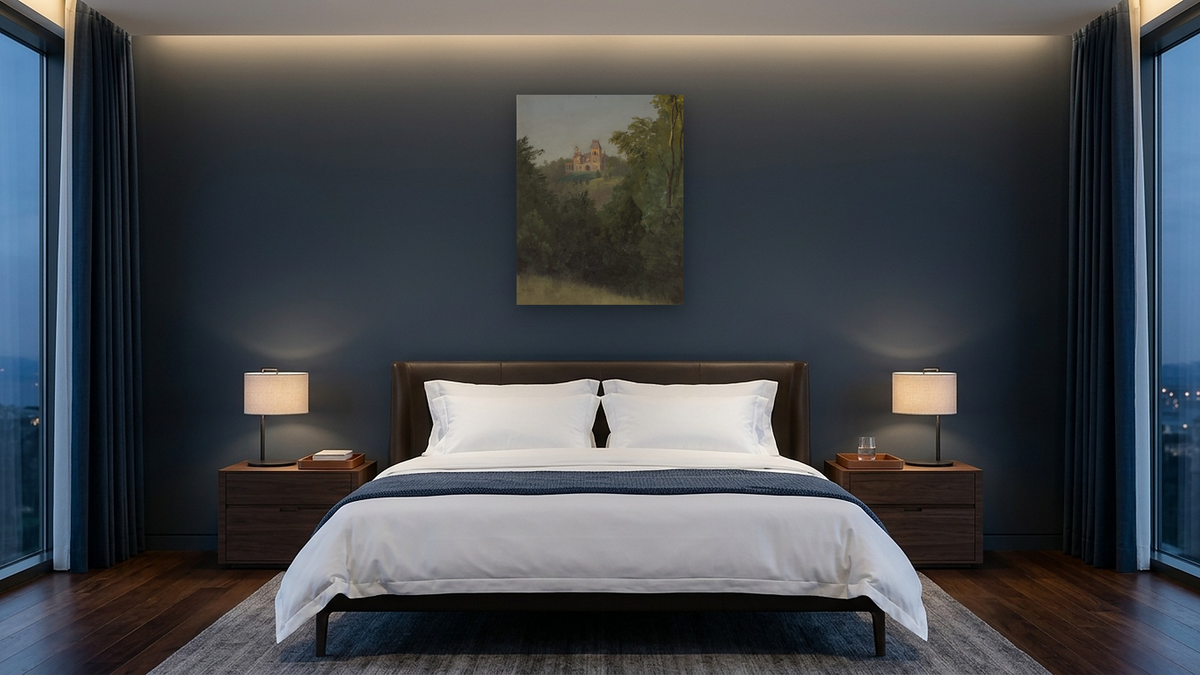 Olana from the Southwest by Frederic Edwin Church, shown at 32 × 40 in (81.3 × 101.6 cm) as gallery-wrapped canvas, hotel guest room