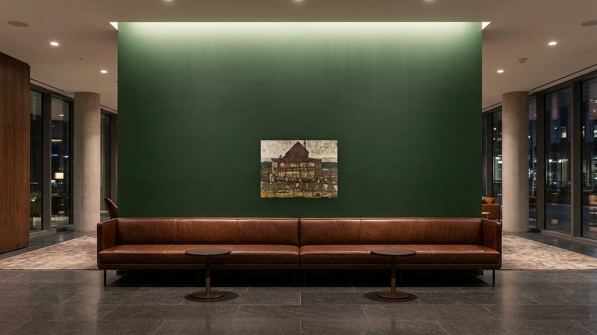 House with Shingle Roof (Old House II) by Egon Schiele, shown at 30 × 40 in (76.2 × 101.6 cm) as gallery-wrapped canvas, hotel lobby