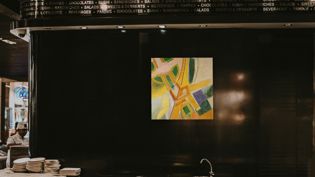 Eiffel Tower by Robert Delaunay, shown at 32 × 32 in (81.3 × 81.3 cm) as gallery-wrapped canvas, restaurant