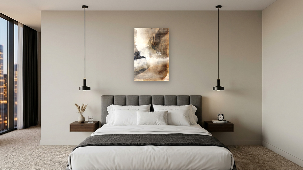 Layers 1 by Dan Hobday, shown at 28 × 42 in (71.1 × 106.7 cm) as gallery-wrapped canvas, hotel guest room