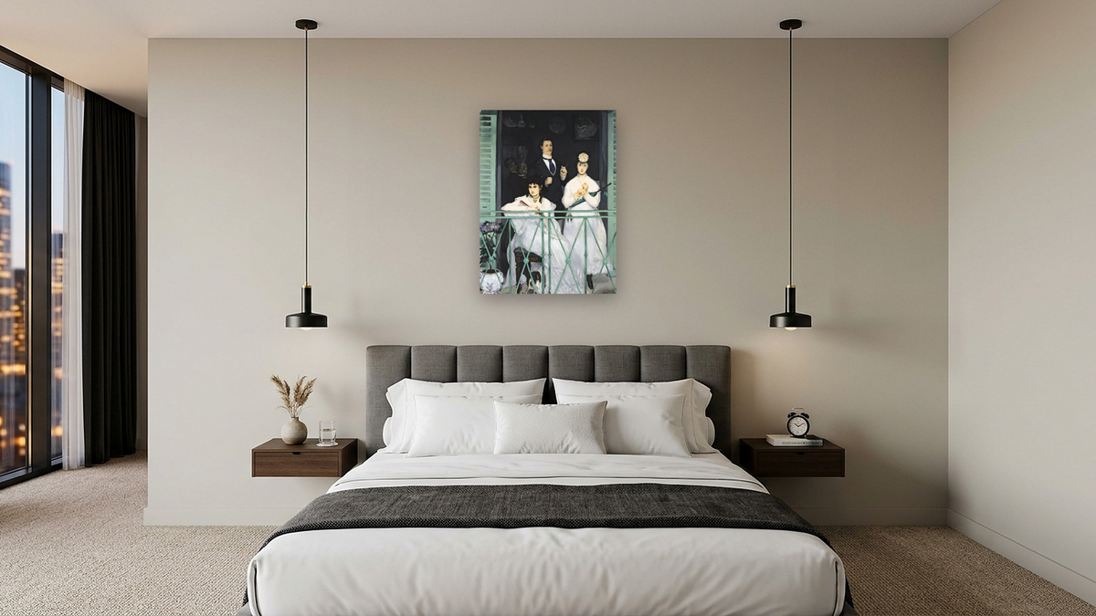 The Balcony by Edouard Manet, shown at 30 × 40 in (76.2 × 101.6 cm) as gallery-wrapped canvas, hotel guest room