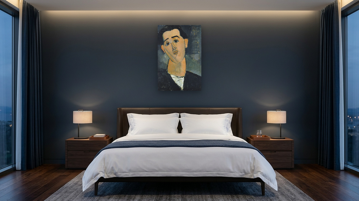 Portrait of Juan Gris by Amedeo Modigliani, shown at 28 × 42 in (71.1 × 106.7 cm) as gallery-wrapped canvas, hotel guest room