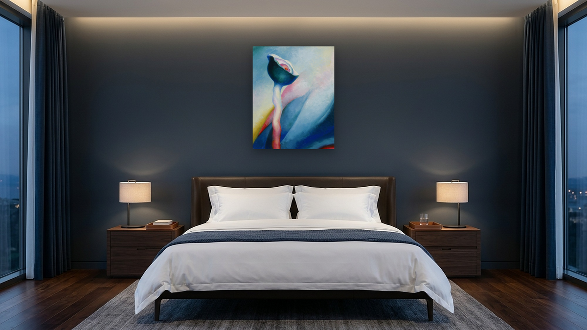 Series I—No. 2 by Georgia O'Keeffe, shown at 32 × 40 in (81.3 × 101.6 cm) as gallery-wrapped canvas, hotel guest room