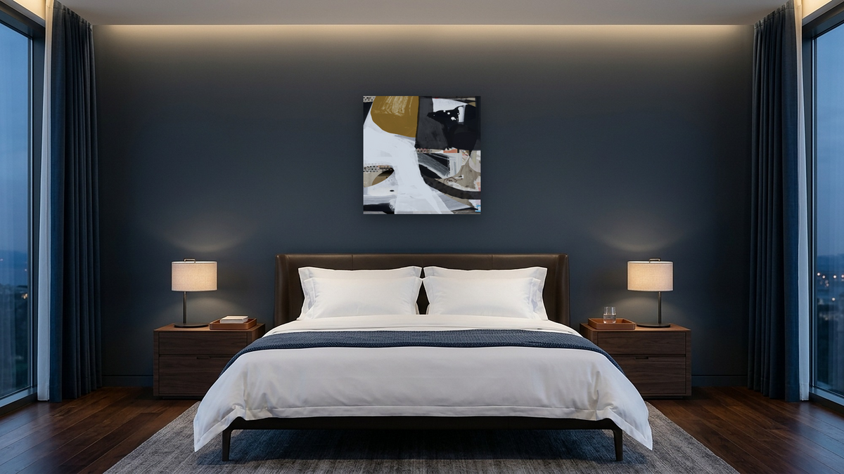 Bristol by Dan Hobday, shown at 32 × 32 in (81.3 × 81.3 cm) as gallery-wrapped canvas, hotel guest room