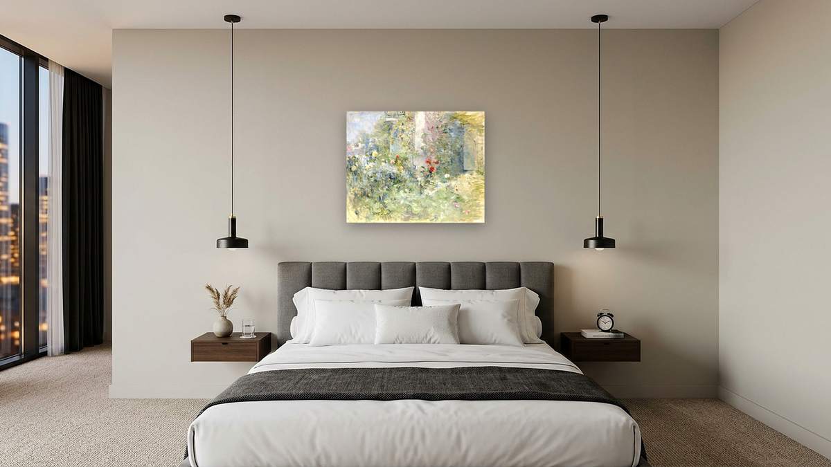 The Garden at Bougival by Berthe Morisot, shown at 32 × 40 in (81.3 × 101.6 cm) as gallery-wrapped canvas, hotel guest room