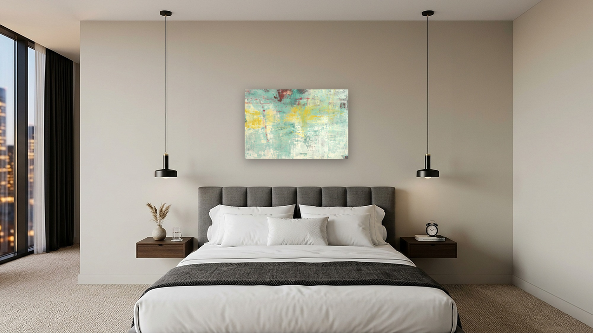 No. 175 by Michelle Oppenheimer, shown at 28 × 42 in (71.1 × 106.7 cm) as gallery-wrapped canvas, hotel guest room