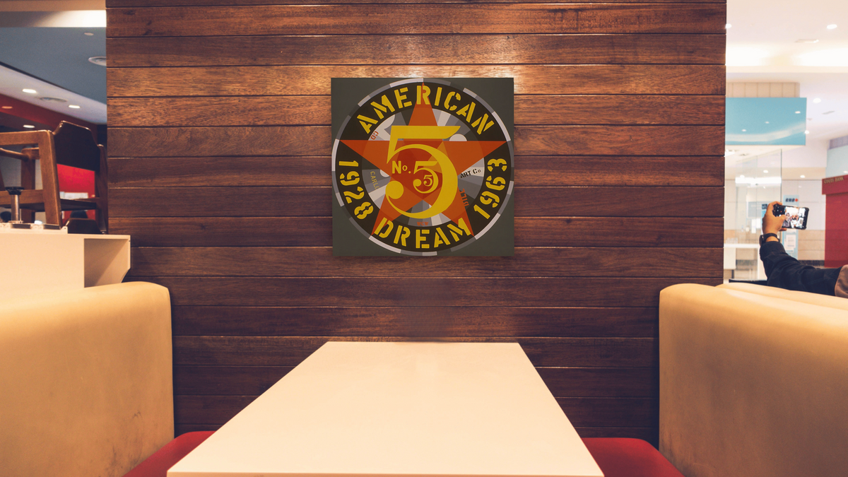 The Demuth American Dream No. 5 (Detail), 1963 by Robert Indiana, shown at 32 × 32 in (81.3 × 81.3 cm) as gallery-wrapped canvas, restaurant