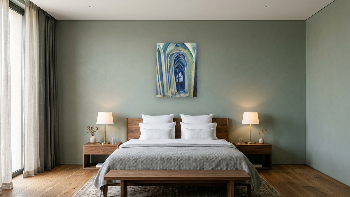 Saint-Séverin by Robert Delaunay, shown at 30 × 40 in (76.2 × 101.6 cm) as gallery-wrapped canvas, hotel guest room
