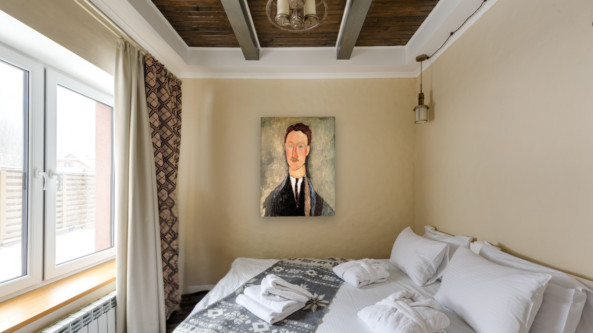 Portrait of Leopold Survage (1879-1968) by Amedeo Modigliani, shown at 30 × 40 in (76.2 × 101.6 cm) as gallery-wrapped canvas, hotel guest room