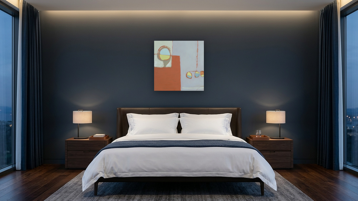Heyday 2, shown at 32 × 32 in (81.3 × 81.3 cm) as gallery-wrapped canvas, hotel guest room