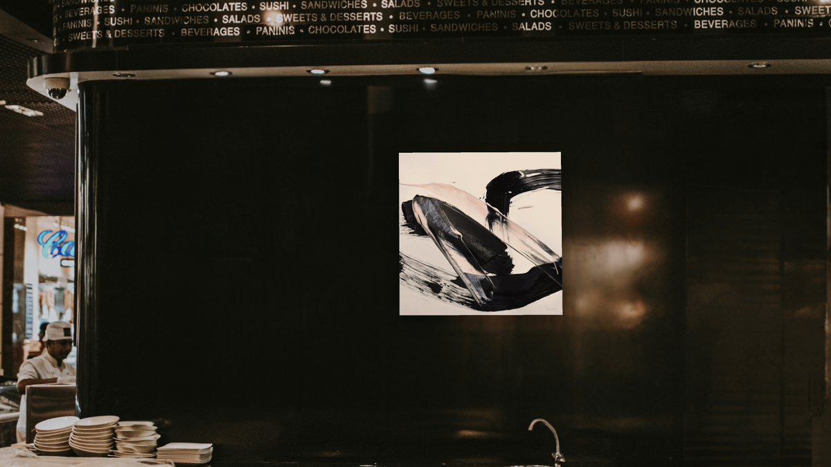 Peach Black Blast by Dan Hobday, shown at 32 × 32 in (81.3 × 81.3 cm) as gallery-wrapped canvas, restaurant