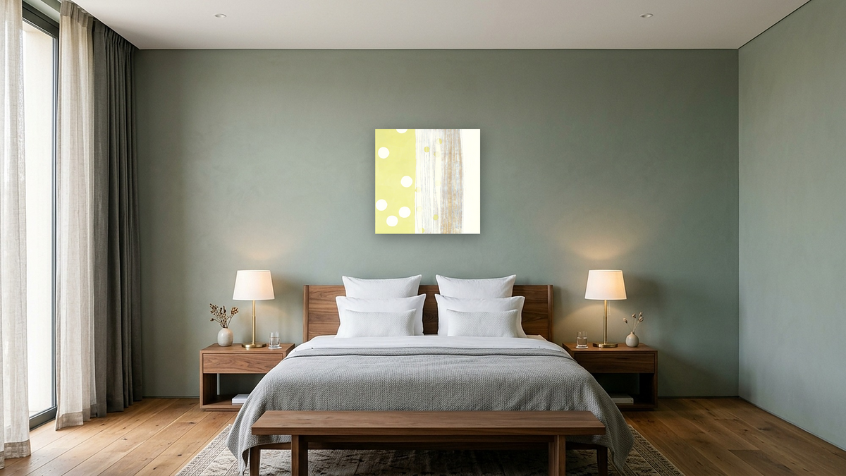 Halfway 3, shown at 32 × 32 in (81.3 × 81.3 cm) as gallery-wrapped canvas, hotel guest room
