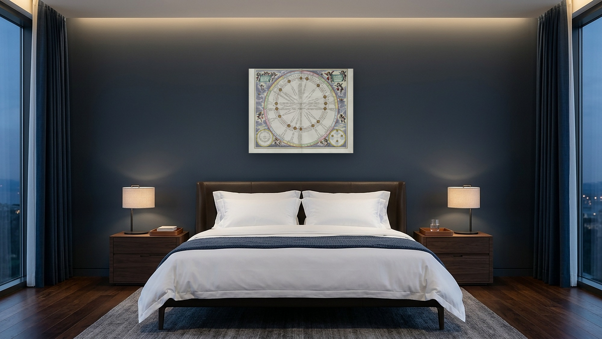 Plate 16 from Harmonia Macrocosmica by Andreas Cellarius, shown at 32 × 40 in (81.3 × 101.6 cm) as gallery-wrapped canvas, hotel guest room